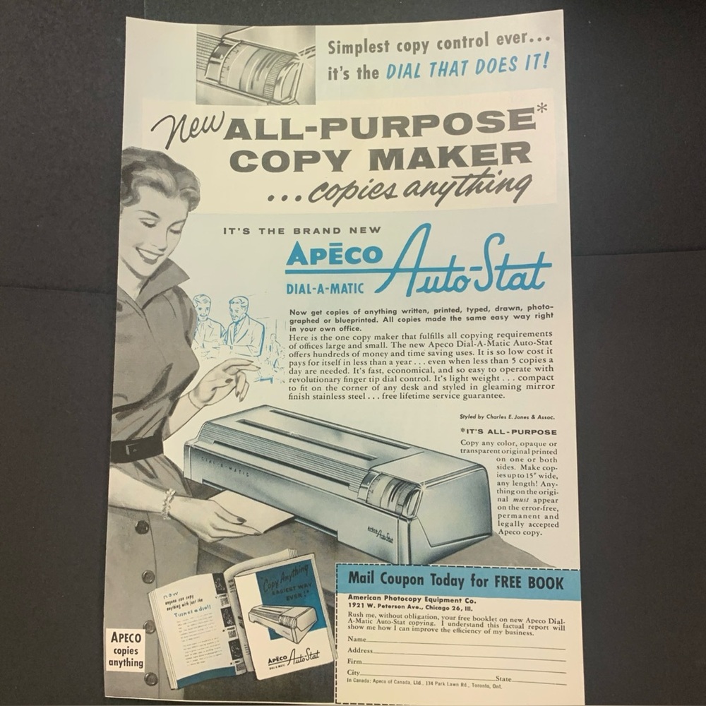 Vintage 1956 Apeco Copy Maker All purpose Ad Advertisement